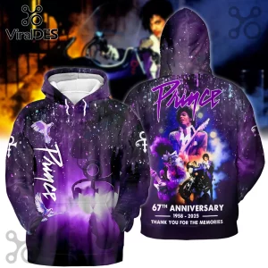 Prince 67th Anniversary Purple Pullover Hoodie featuring the artist, galaxy patterns, doves, and memorial text.