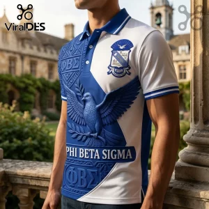 Phi Beta Sigma polo shirt in blue and white with embossed dove, Greek lettering, and fraternity crest on collegiate campus.!