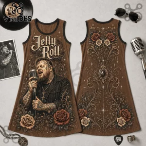Brown sleeveless dress featuring a Jelly Roll graphic with microphone, tattoos, and ornate floral filigree patterns.!