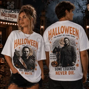 Michael Myers The Shape Halloween Horror T-Shirt featuring front and back graphic prints of the slasher icon on white fabric.