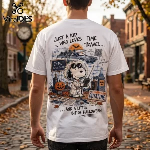 Snoopy Back to the Future Halloween T-Shirt showing Snoopy as Doc Brown with a DeLorean, pumpkins, and movie references.