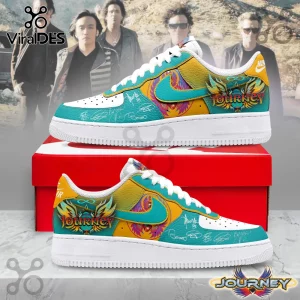 Journey band custom sneakers with teal and mustard yellow panels, printed autographs, and scarab logo on white rubber soles.!