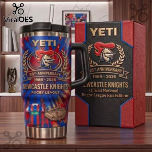 Newcastle Knights 38th Anniversary Tie-Dye 40oz Tumbler with team logo, stadium graphic, and matching commemorative box.