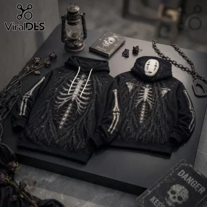 No Face Kaonashi Skeleton Streetwear Hoodie in black with ribcage graphic, white bone sleeves, and hood mask detail.