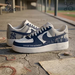 New York Yankees Navy Blue City Skyline Air Force 1 Sneakers featuring baseball stitching, team logo, and urban horizon.
