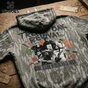 Camo print hoodie featuring graphics of four men with guitars and text reading Trend Oak Revival West Texas Degenerate Tour.!
