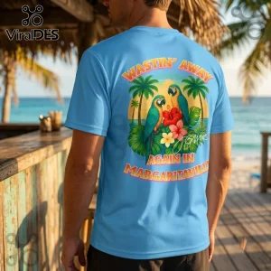 Jimmy Buffett Wastin Away Margaritaville Blue T-Shirt featuring two tropical parrots, palm trees, and hibiscus flowers.