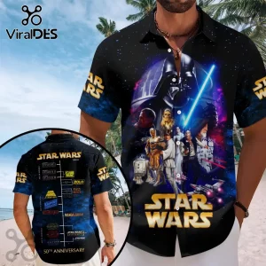 Star Wars button-down shirt with Darth Vader, Luke Skywalker, and movie timeline print on a black space background.!