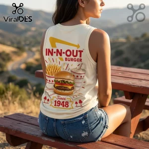In-N-Out Burger Vintage 1948 Logo V-Neck Tank Top featuring a retro burger, fries, and drink graphic on a cream fabric.