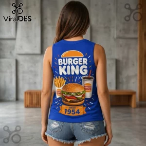 Burger King Vintage Burger and Fries V-Neck Tank Top in blue, featuring a classic fast food graphic with 1954 branding.