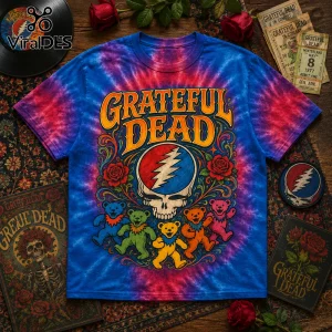 Grateful Dead All Night Long Tie Dye T-Shirt featuring blue and red fabric, a skull logo, and dancing bears graphic.