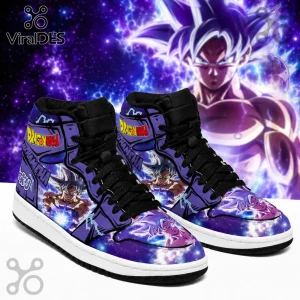 Dragon Ball Super Goku high-top sneakers with purple galaxy print, lightning accents, and white rubber soles.!