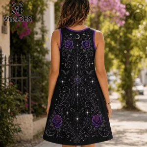 Woman wearing black tank dress with purple moon, bat, and rose gothic art pattern on an outdoor street background.!