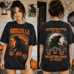 Godzilla Destroying Cities Halloween T-Shirt featuring a black washed cotton tee with monster and pumpkin graphics.