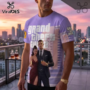 Man wearing a lavender Grand Theft Auto themed t-shirt with a couple in formal attire and a city skyline background.!