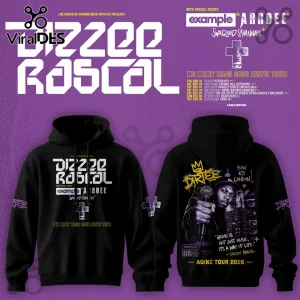 Black Dizzie Rascal We Want Bass 2026 tour hoodie with graphic prints on chest, back, and sleeves against purple background.!