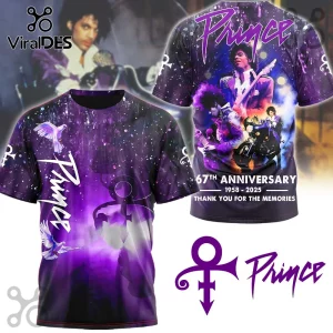 Prince 67th Anniversary purple pullover hoodie featuring graphic prints of the artist, doves, and cosmic galaxy patterns.