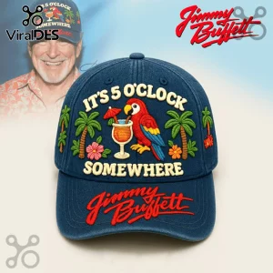 Jimmy Buffett It Is 5 OClock Somewhere baseball cap in navy blue with embroidered tropical parrot, palm trees, and cocktail.