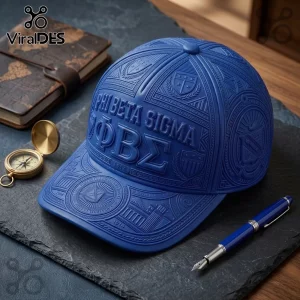 Blue Phi Beta Sigma baseball cap with 3D embossed fraternity lettering, Greek letters, and crests on a slate surface.!