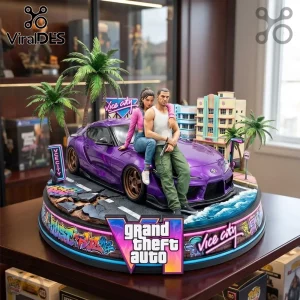 Grand Theft Auto VI diorama featuring a purple sports car, two figures, palm trees, and art deco buildings on a base.!