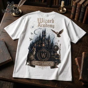 White cotton t-shirt with Wizard Academy back print featuring a gothic castle, cat, owl, and spell quote on wooden table.!