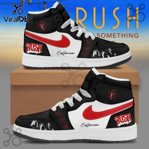 Rush Fifty Something Tour 2026 high-top sneakers in white, black, and red leather with custom name text and band imagery.