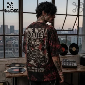 Black and red acid wash t-shirt with a graphic of a rat driving a hot rod and text reading Nine Inch Nails, Built From Static.!