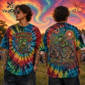 Grateful Dead tie-dye t-shirt featuring a green cartoon rat driving a hot rod, with Ride Free, Drift Far text on back.!