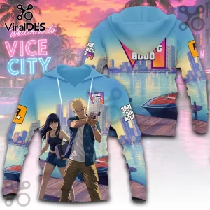 Naruto and Hinata character hoodie with blue Vice City sunset graphic, featuring Rockstar Games logos and speedboat motif.!