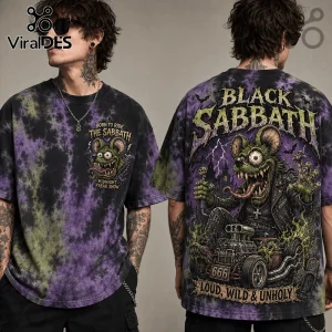 Black and purple tie-dye t-shirt with Black Sabbath graphic of a cartoon monster driving a hot rod on the back.!
