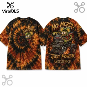 Godsmack band t-shirt with black and orange tie-dye, featuring a rat driving a hot rod on the back and logo on front.!