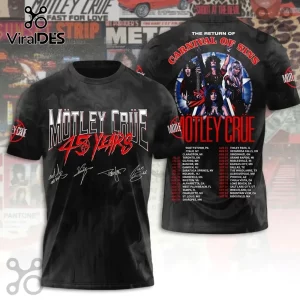 Motley Crue Carnival of Sins 2026 Tour black T-shirt featuring band imagery, 45 years text, signatures, and concert dates.