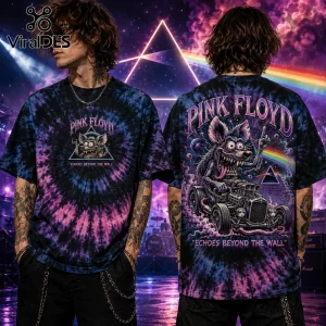 Pink Floyd tie-dye t-shirt with a cartoon rat driving a hot rod, prism graphic, and Echoes Beyond The Wall text.!