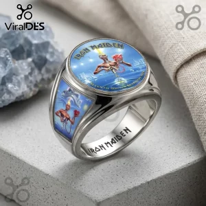 Iron Maiden Seventh Son of a Seventh Son stainless steel ring featuring Eddie artwork on a circular blue inlay.