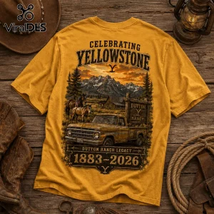 Mustard yellow graphic t-shirt featuring a Yellowstone landscape, vintage pickup truck, two horses, and Dutton Ranch text.!