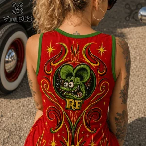 Red tank top with Rat Fink character graphic, green trim, and yellow pinstripe tribal patterns on the back.!