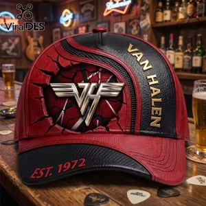 Van Halen Logo Red and Black Baseball Cap featuring a cracked texture design, gold logo, and est 1972 on the brim.