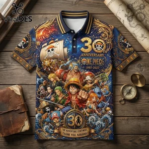 One Piece 30th anniversary polo shirt featuring Straw Hat crew, Thousand Sunny ship, and gold accents on navy blue fabric.!