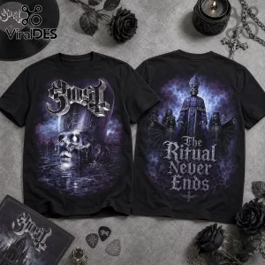 Black t-shirt featuring Papa Emeritus skull graphics, purple smoke effects, and The Ritual Never Ends text in Gothic font.!