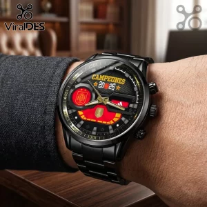 Spain National Team 2026 World Cup watch featuring a black metal band, red dial accents, and text reading Campeones 2026.