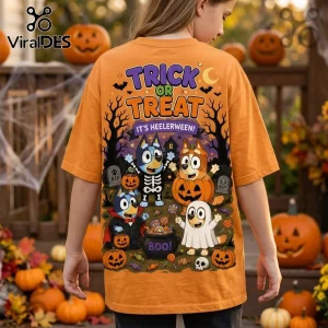 Bluey Heelerween Pumpkin Trick or Treat orange t-shirt showing cartoon characters in costumes against a night scene.