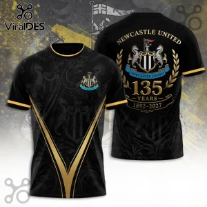 Newcastle United 135th anniversary black t-shirt with gold V-neck trim, team crest, and commemorative 1892-2027 gold text.!