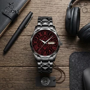 In Flames Black Alloy Roman Numeral Quartz Watch with red dial face, metallic band, and date display on wood surface.