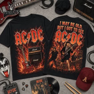 Vintage AC/DC I May Be Old Band T-Shirt in black with fiery lightning graphics, rock band members, and logo print.