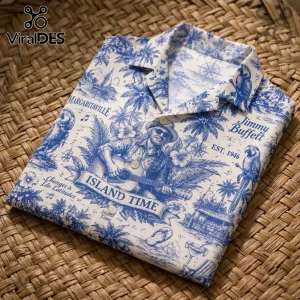 Jimmy Buffett Island Time Toile Hawaiian shirt featuring blue ink tropical illustrations on a cream fabric background.
