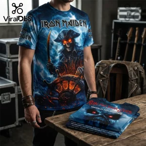 Iron Maiden Run For Your Lives world tour 2026 crew neck t-shirt featuring Eddie as a pirate with glowing eyes and sword.!