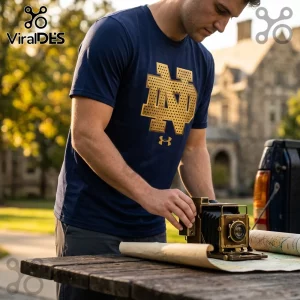 Man wearing a navy blue Notre Dame Under Armour t-shirt with a gold metallic logo, setting up a vintage bellows camera.!