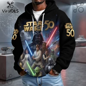 Star Wars 50th Anniversary Black Waffle Hoodie featuring Darth Vader, Luke Skywalker, and Yoda on a textured fabric base.