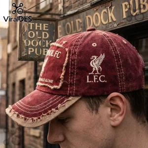 Distressed maroon Liverpool FC baseball cap with frayed edges, white embroidered Liver bird logo, and You Never Walk Alone text.!