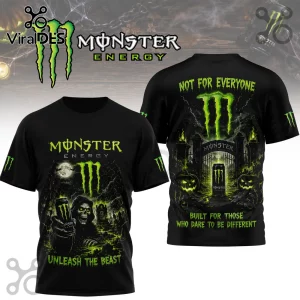 Monster Energy Halloween Unleash The Beast T-Shirt featuring grim reaper, glowing green logos, pumpkins, and a dark gate.
